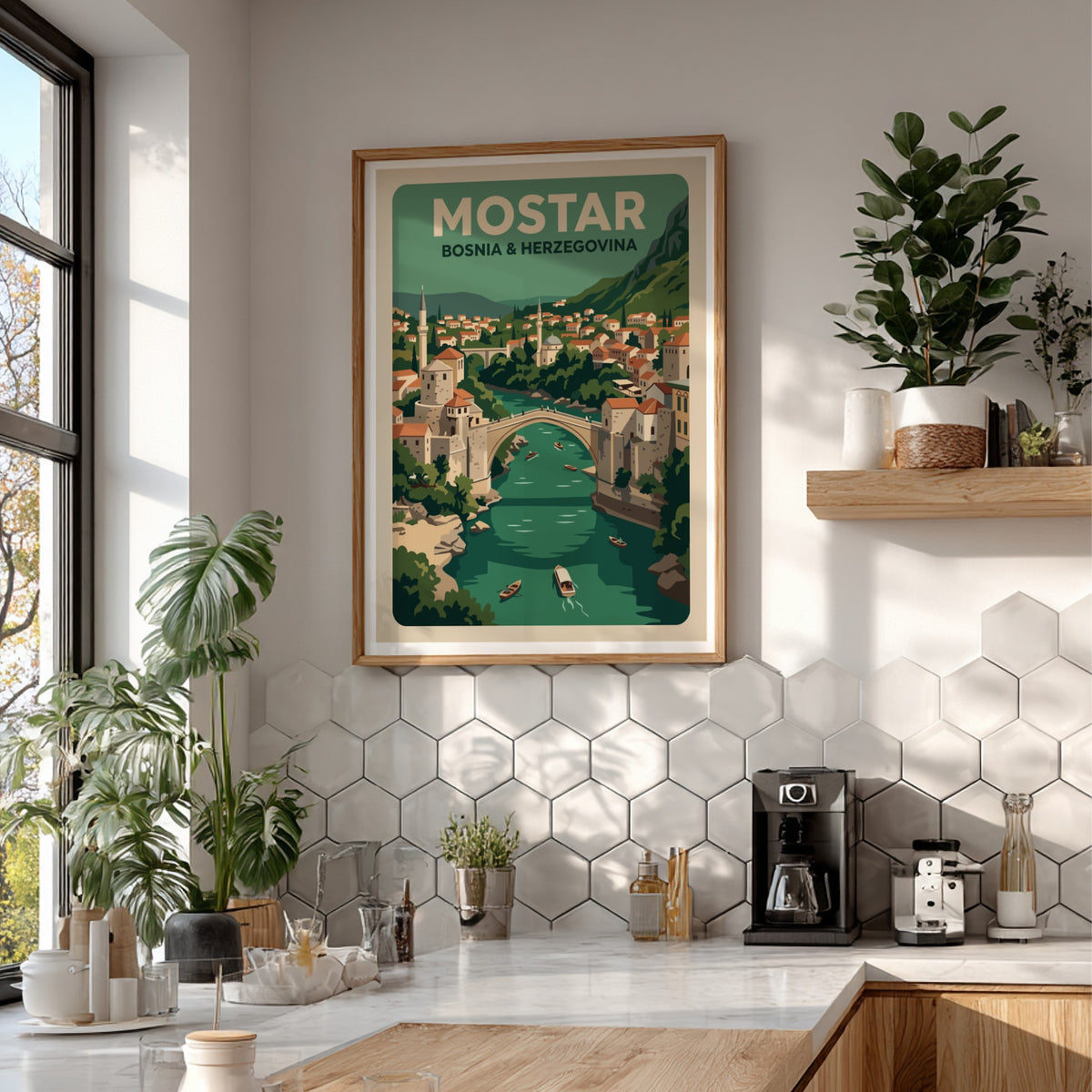Vintage travel poster showing the arched bridge in Mostar with green river boats