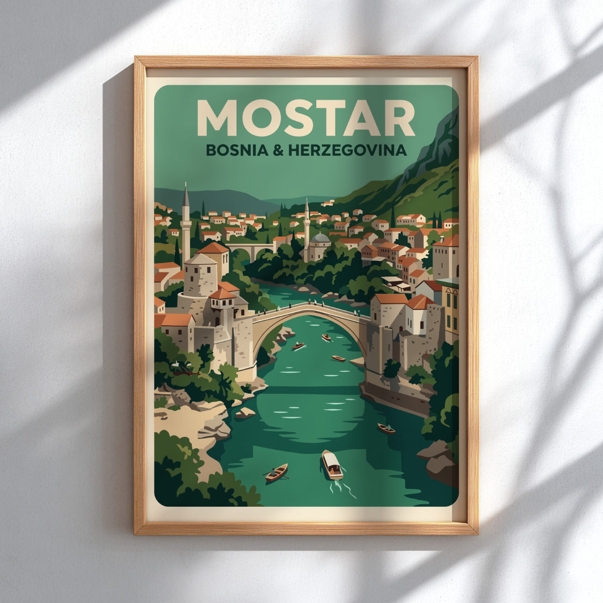 Vintage travel poster showing the arched bridge in Mostar with green river boats