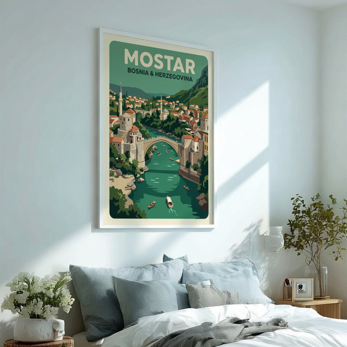Vintage travel poster showing the arched bridge in Mostar with green river boats