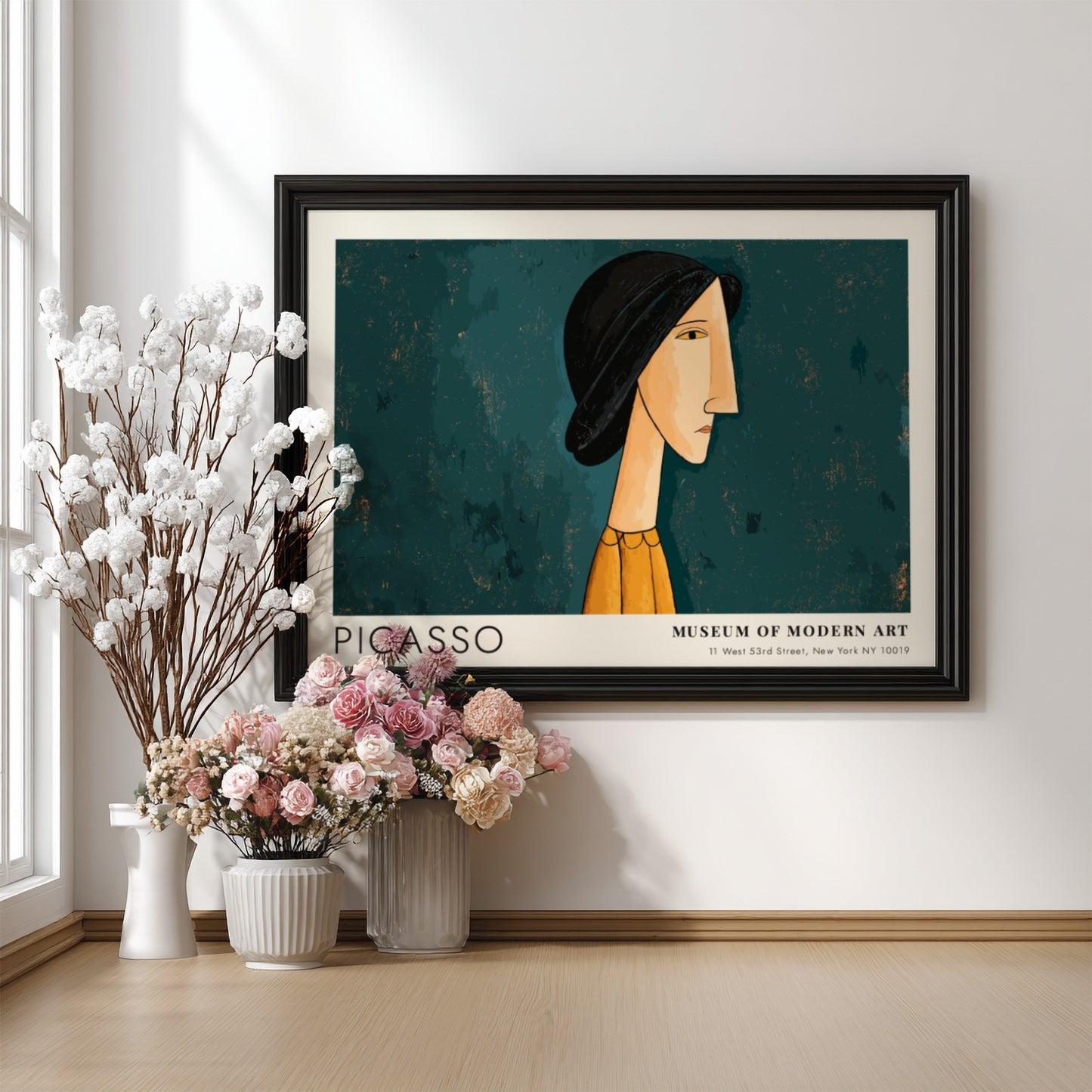 Pablo Picasso poster featuring Mother and Child in modern style with muted blue and orange tones