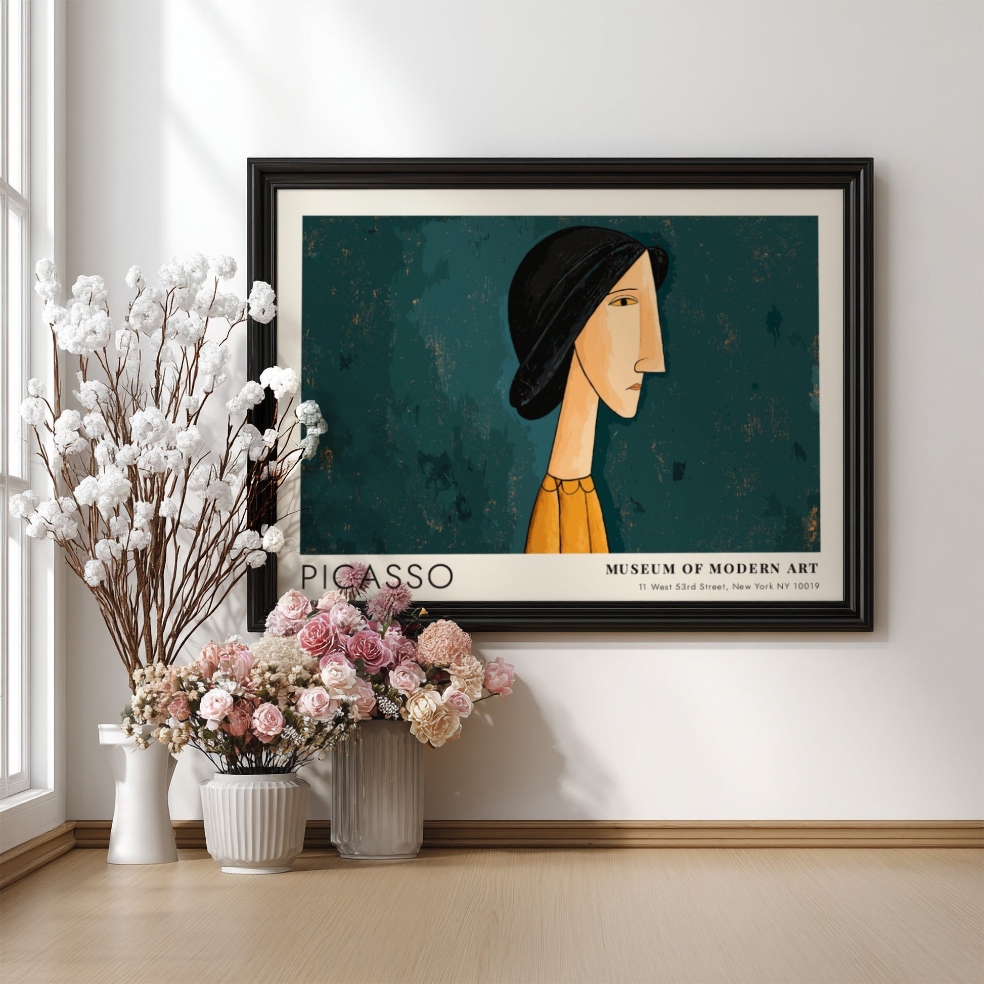 Pablo Picasso poster featuring Mother and Child in modern style with muted blue and orange tones
