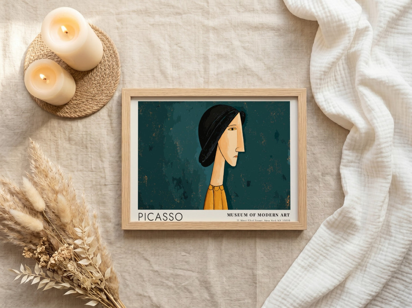Pablo Picasso poster featuring Mother and Child in modern style with muted blue and orange tones