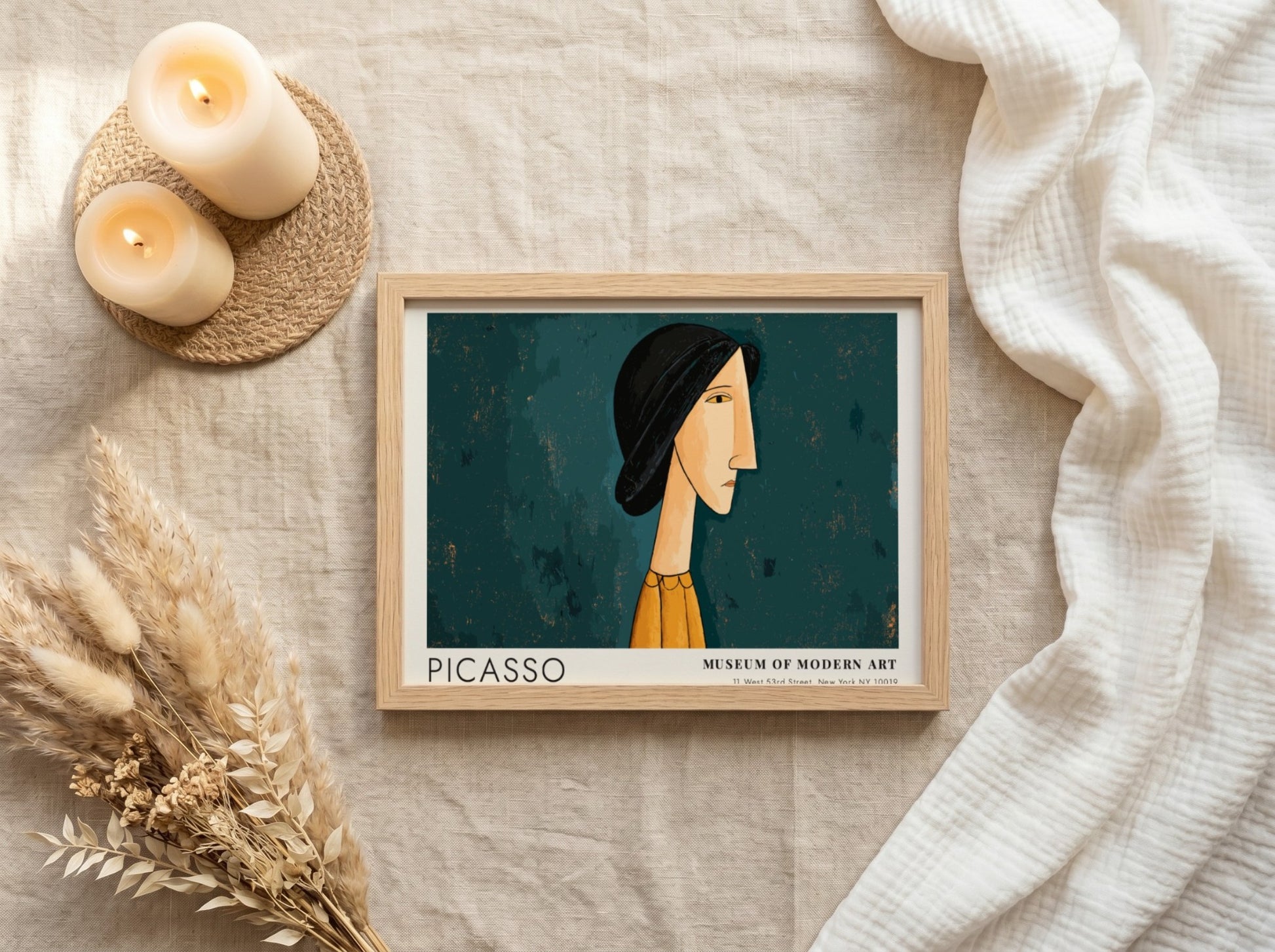 Pablo Picasso poster featuring Mother and Child in modern style with muted blue and orange tones