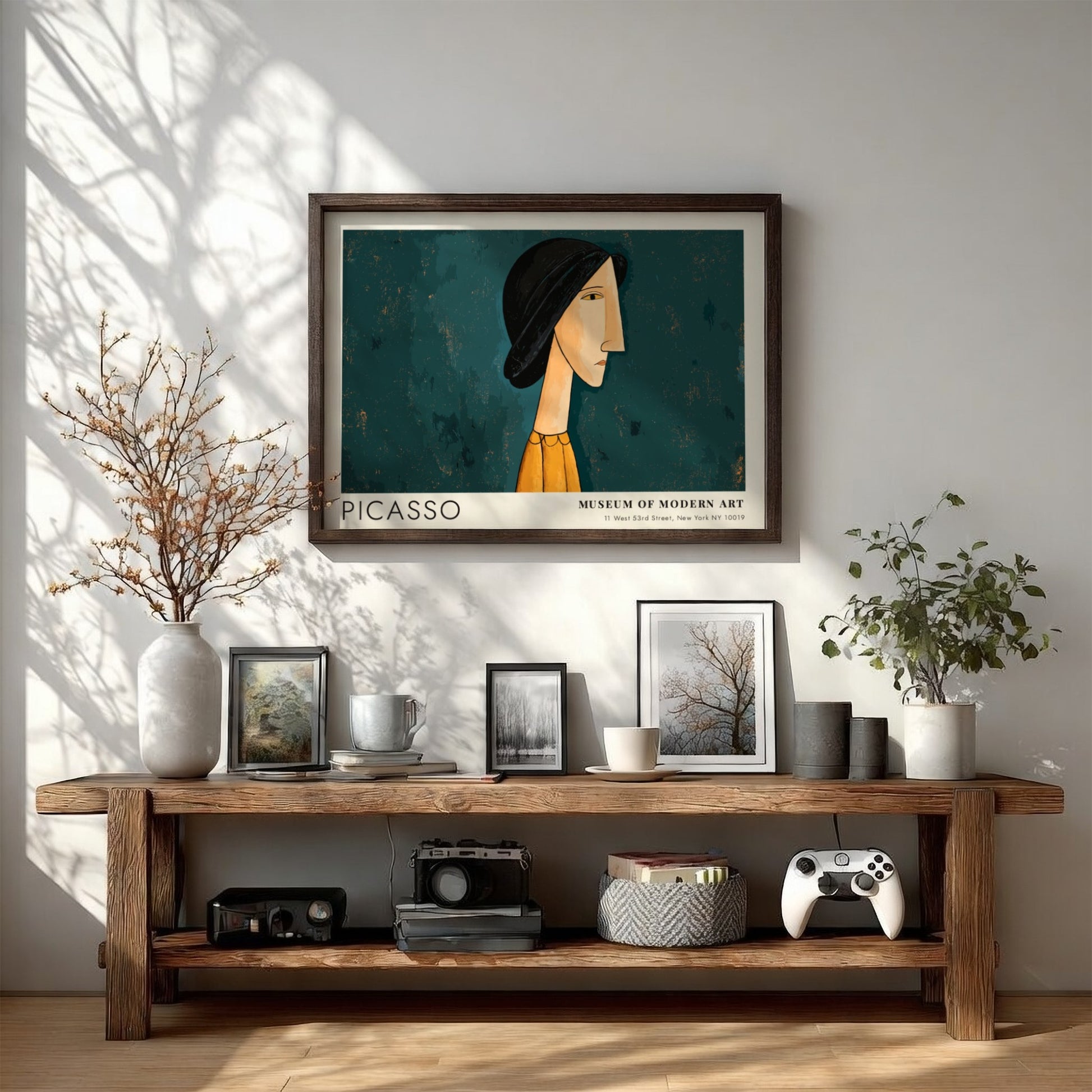 Pablo Picasso poster featuring Mother and Child in modern style with muted blue and orange tones