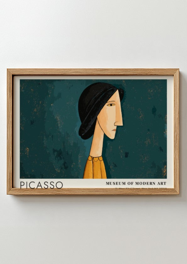 Pablo Picasso poster featuring Mother and Child in modern style with muted blue and orange tones