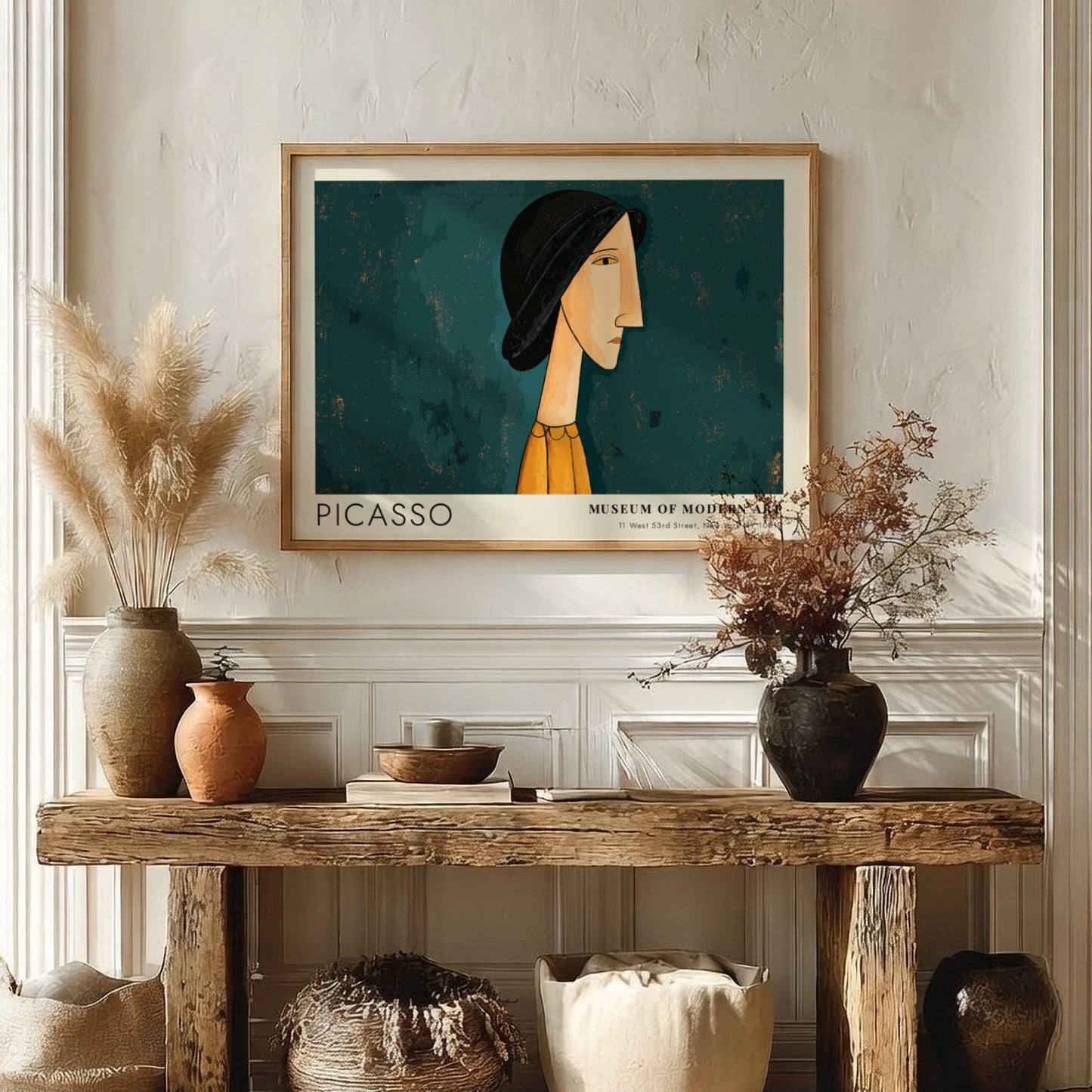 Pablo Picasso poster featuring Mother and Child in modern style with muted blue and orange tones