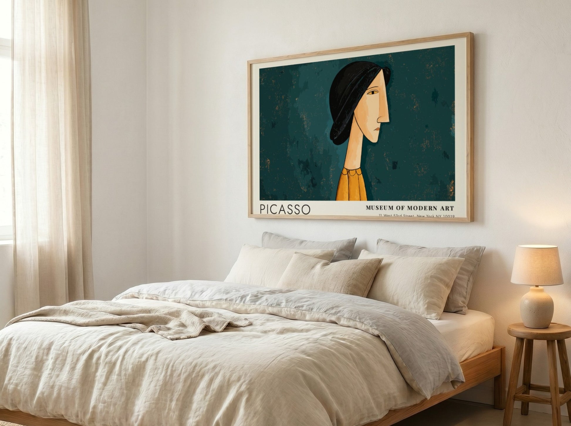 Pablo Picasso poster featuring Mother and Child in modern style with muted blue and orange tones