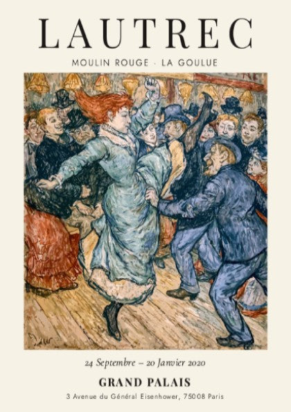 Moulin Rouge - La Goulue poster featuring vibrant colors and dynamic movement in Toulouse-Lautrec style