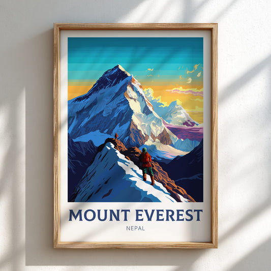 Framed poster of Mount Everest with climbers on a snowy peak.
