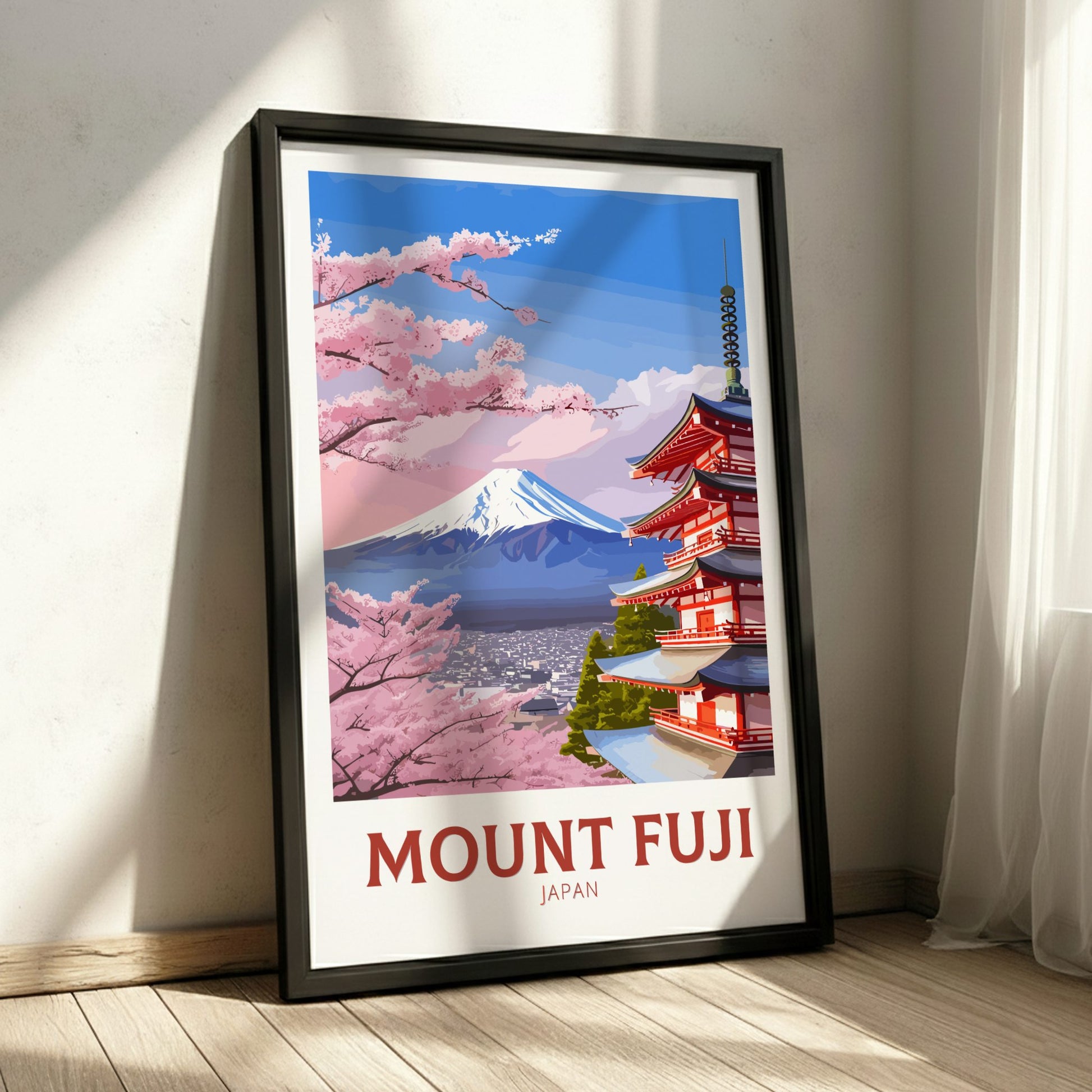 Framed poster of Mount Fuji with cherry blossoms and a traditional Japanese temple.