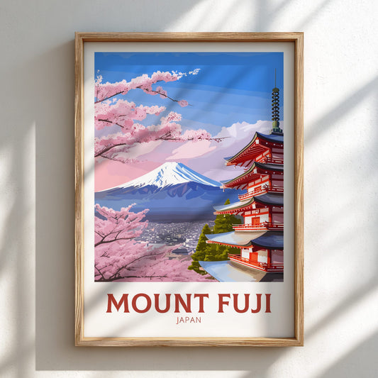 Framed artwork of Mount Fuji with cherry blossoms and a traditional Japanese building.