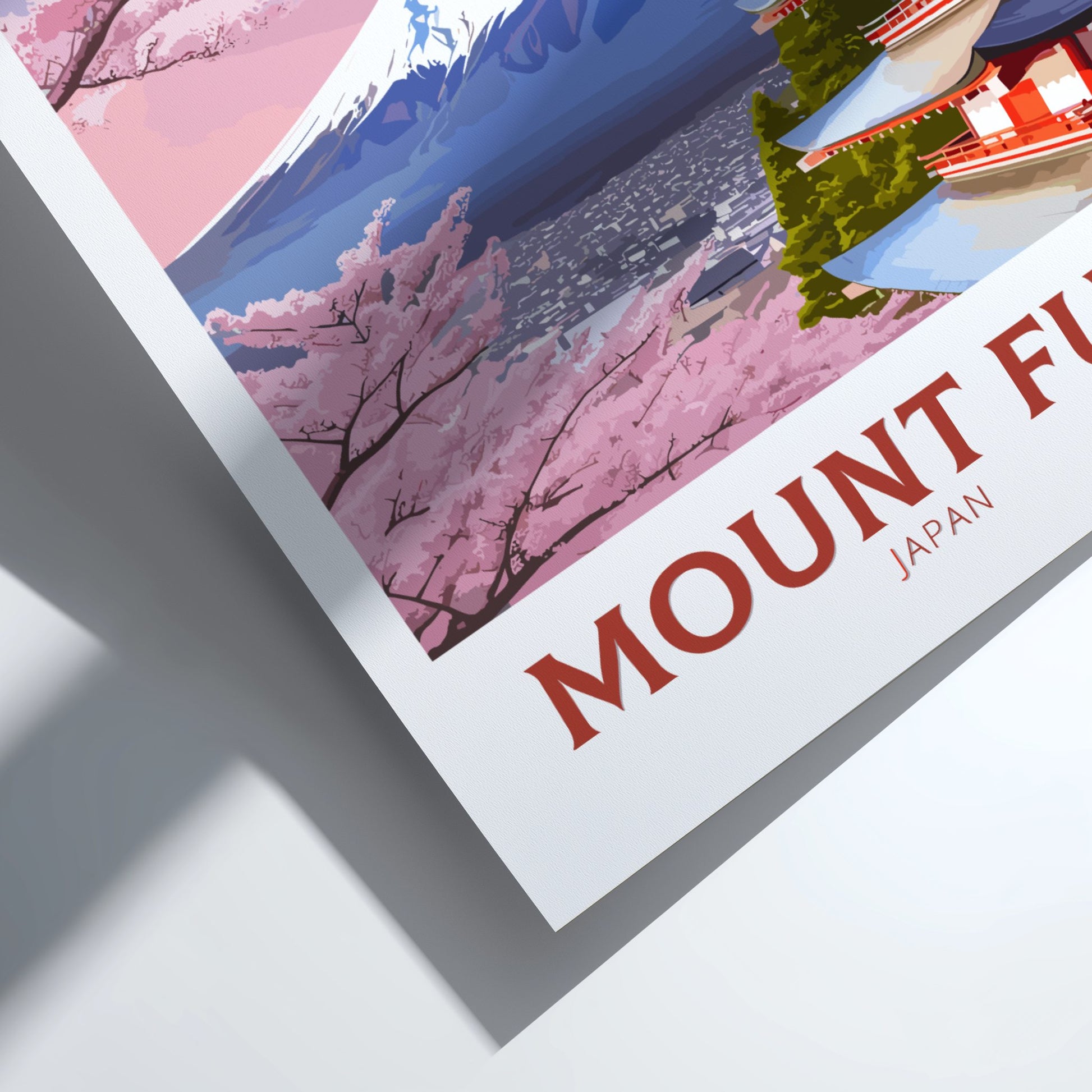 Poster of Mount Fuji with cherry blossoms and a temple, on a light gray background.