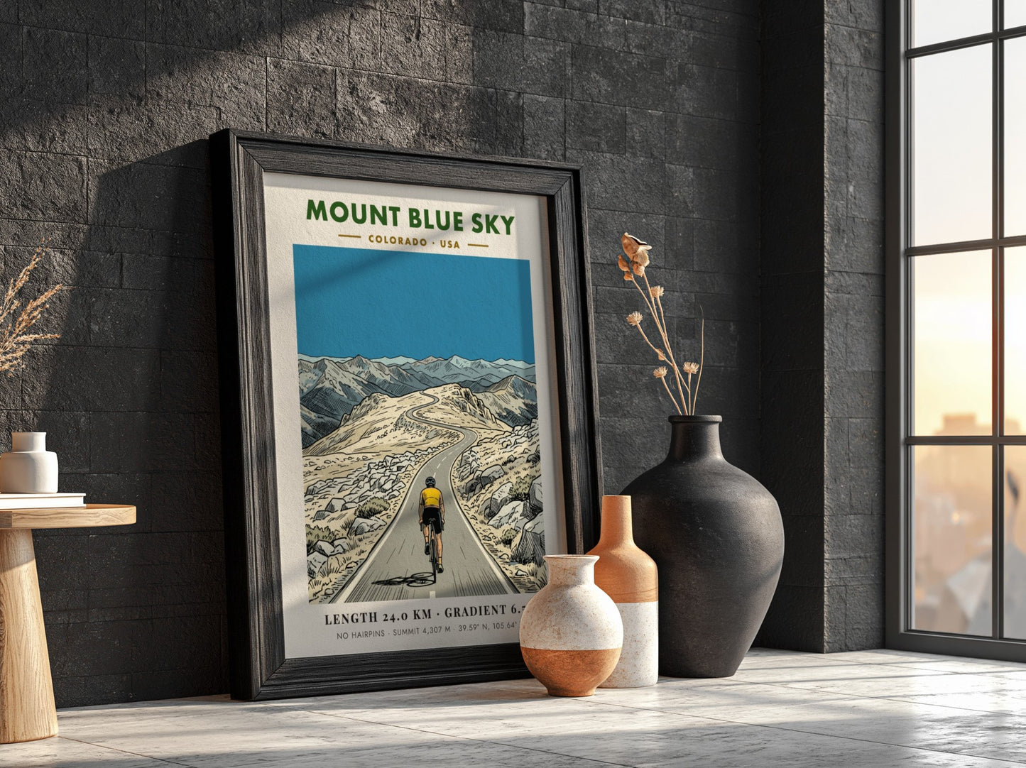 Poster featuring a cyclist on the winding Mount Blue Sky road in Colorado.