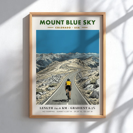 Poster featuring a cyclist on the winding Mount Blue Sky road in Colorado.