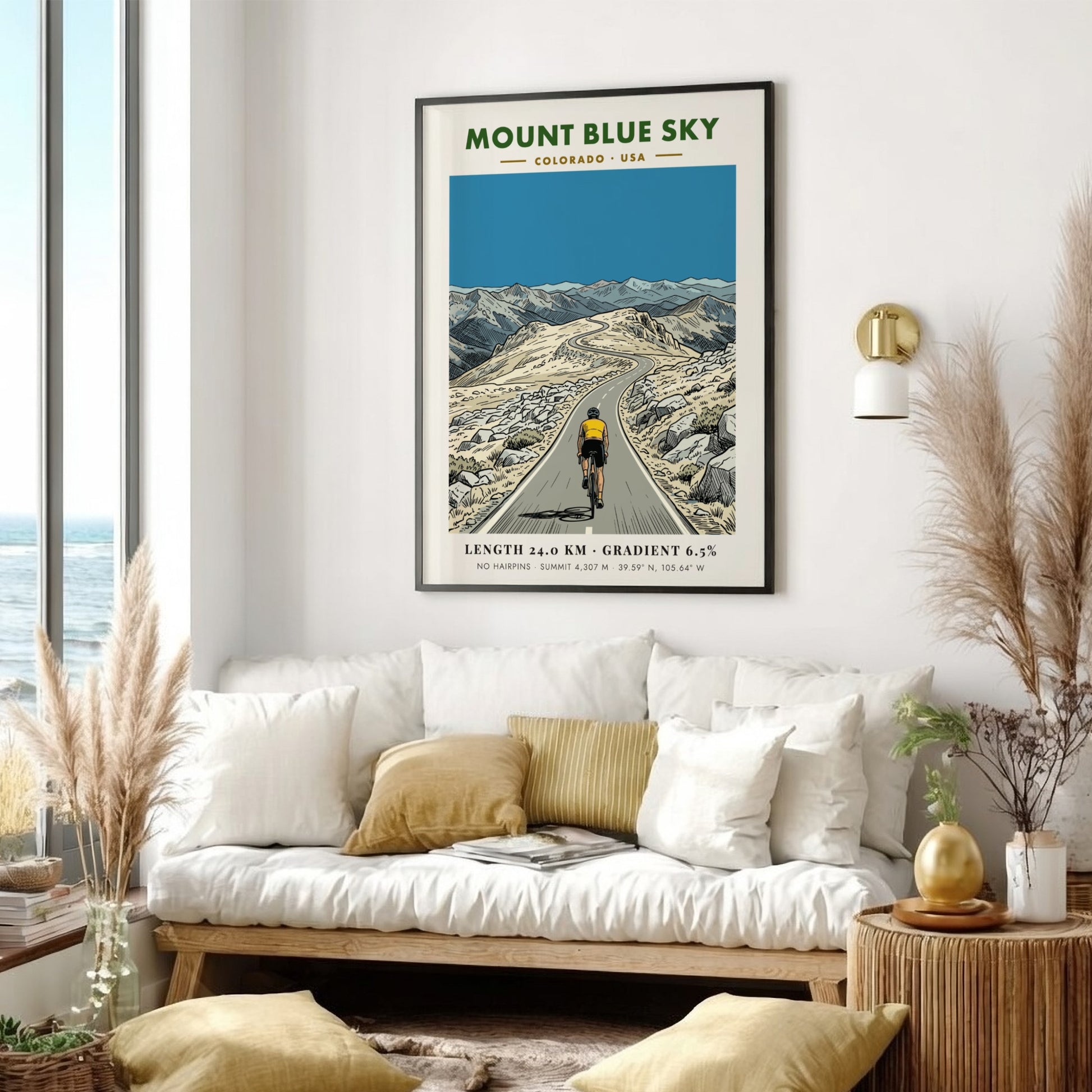 Poster featuring a cyclist on the winding Mount Blue Sky road in Colorado.
