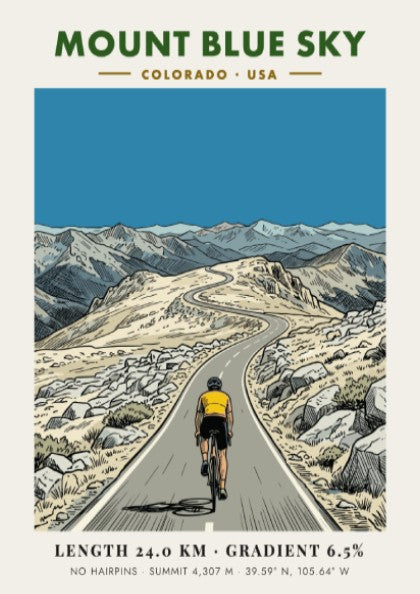 Poster featuring a cyclist on the winding Mount Blue Sky road in Colorado.