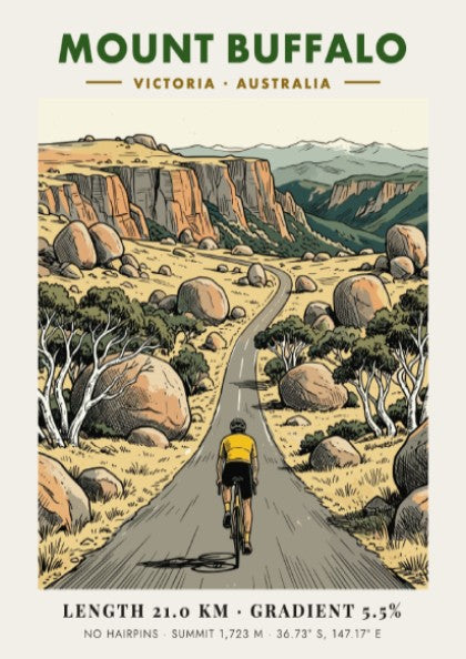 Poster of a lone cyclist climbing the winding road up Mount Buffalo Australia.