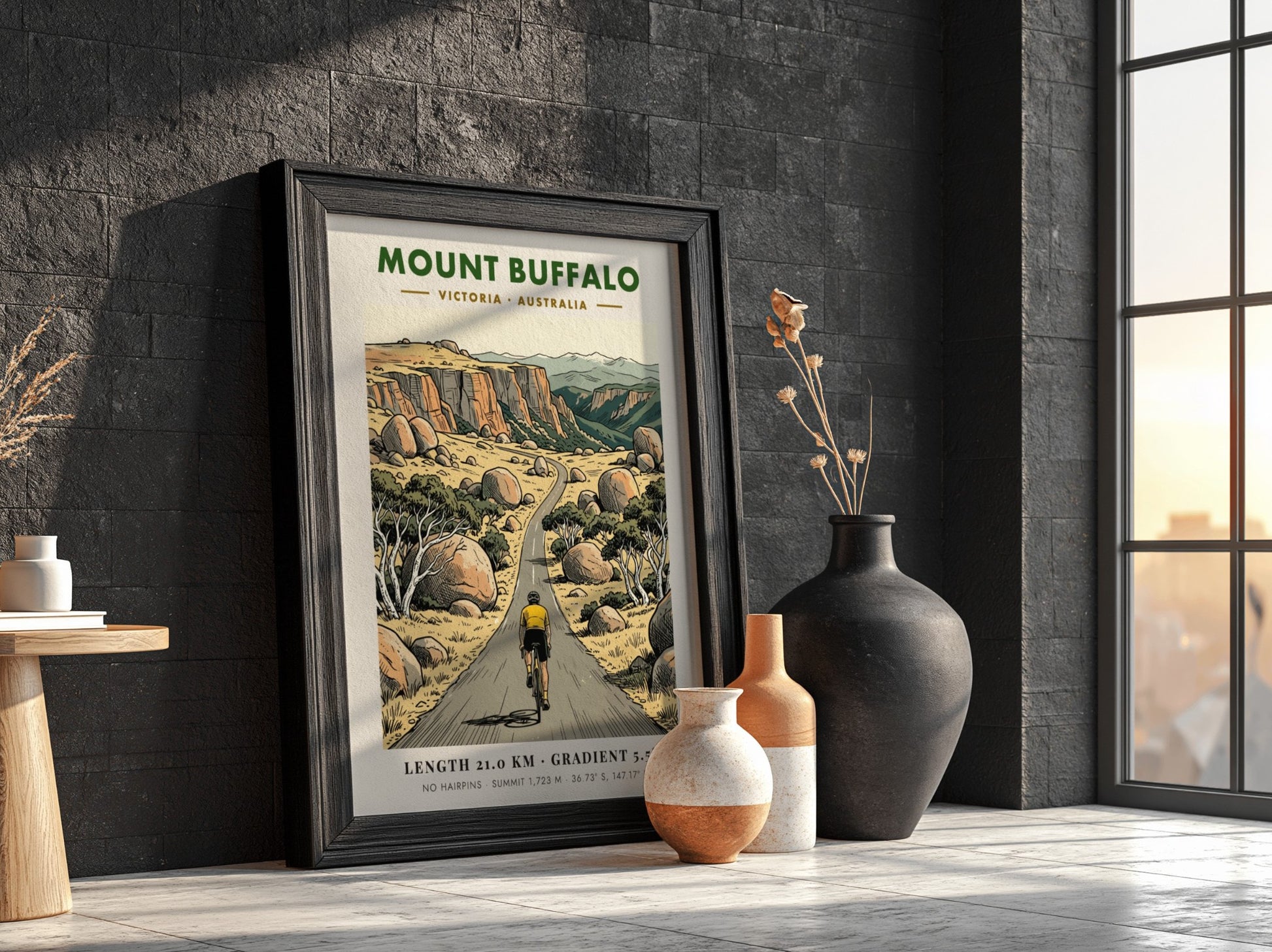 Poster of a lone cyclist climbing the winding road up Mount Buffalo Australia.