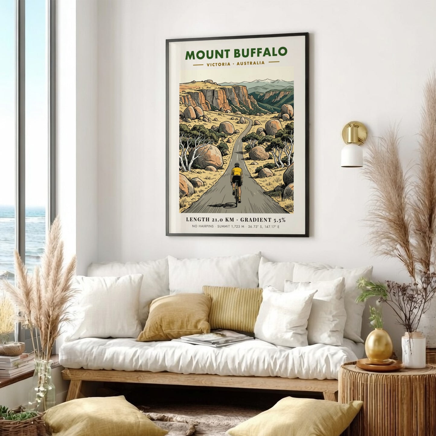 Poster of a lone cyclist climbing the winding road up Mount Buffalo Australia.