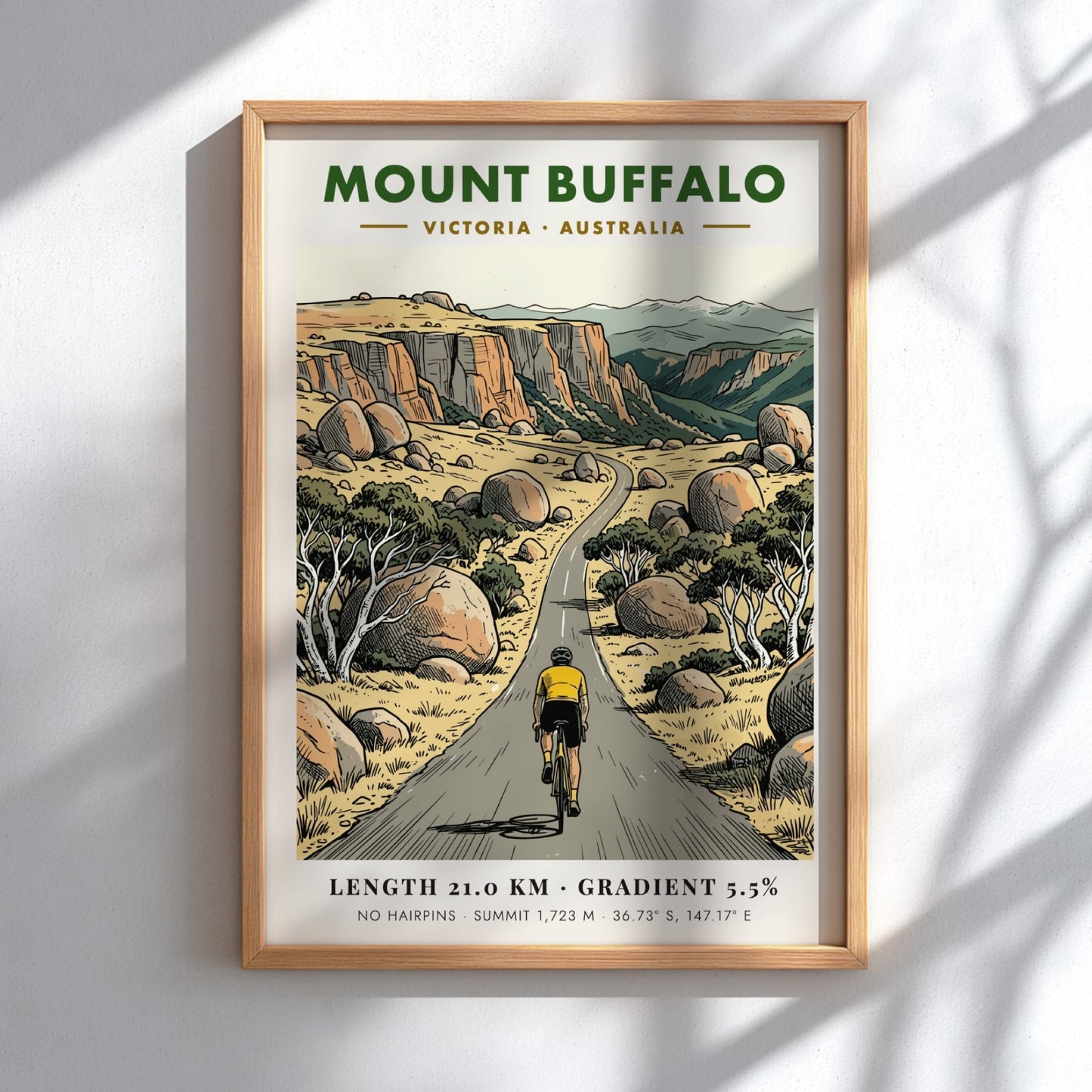 Poster of a lone cyclist climbing the winding road up Mount Buffalo Australia.