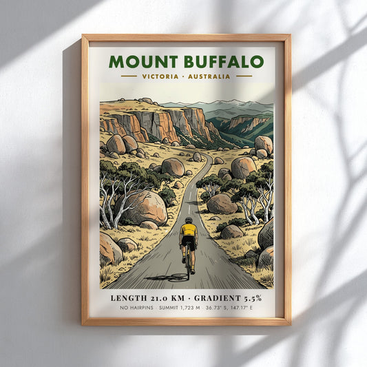 Poster of a lone cyclist climbing the winding road up Mount Buffalo Australia.