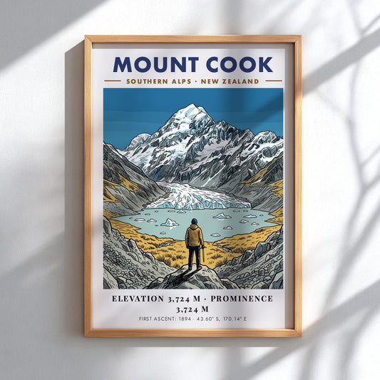 Poster of Mount Cook in the Southern Alps featuring a mountaineer overlooking a lake.
