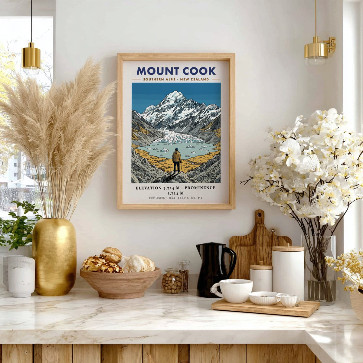 Poster of Mount Cook in the Southern Alps featuring a mountaineer overlooking a lake.