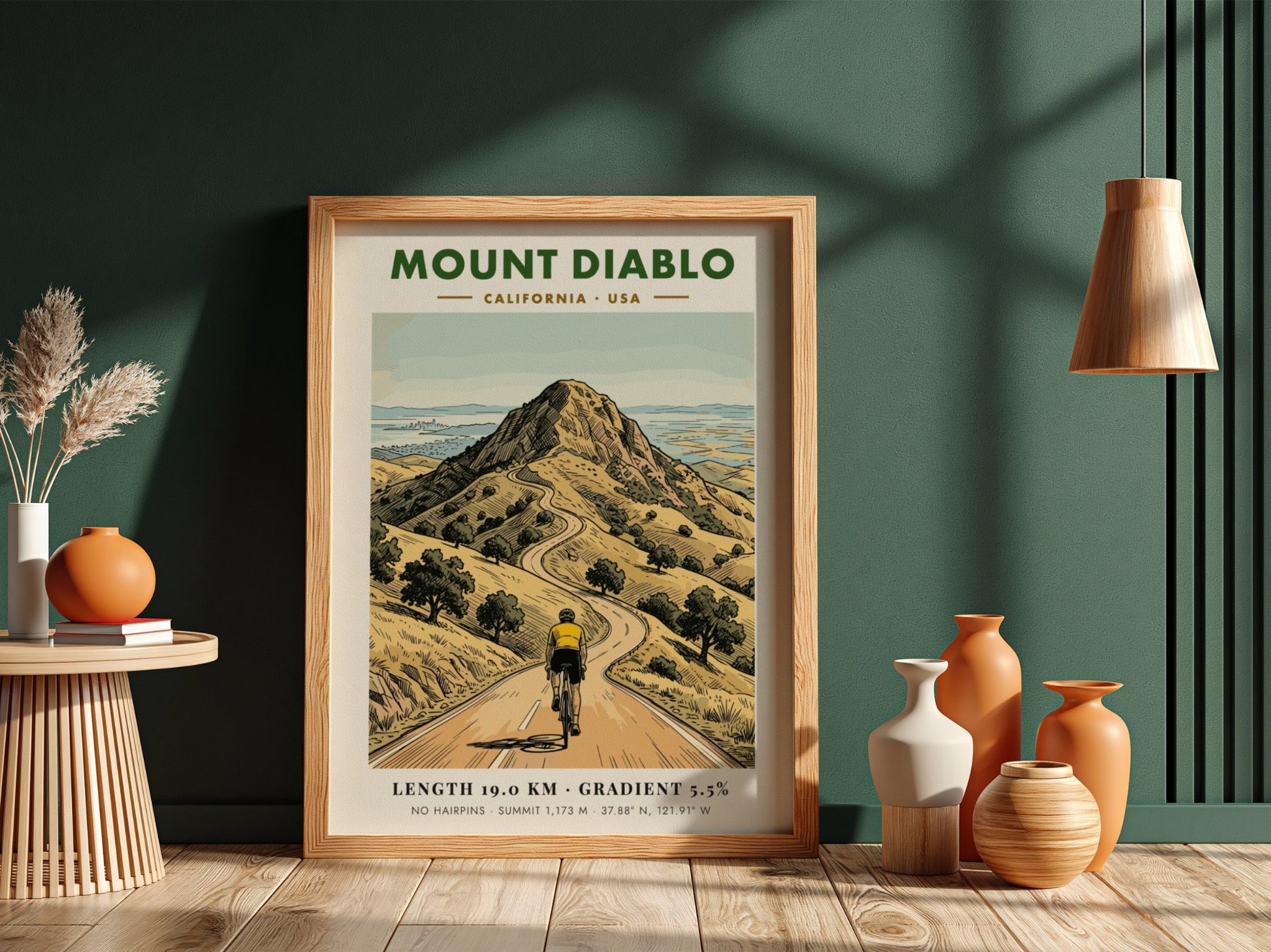 Poster of a cyclist climbing Mount Diablo in California with warm earthy tones