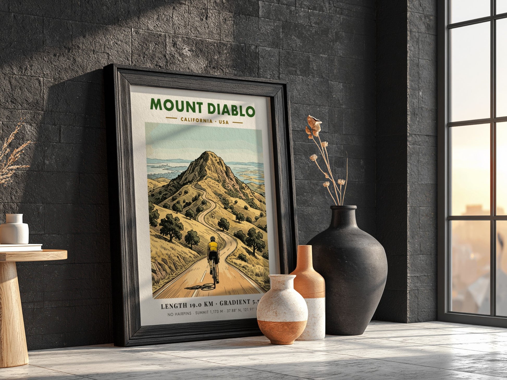 Poster of a cyclist climbing Mount Diablo in California with warm earthy tones