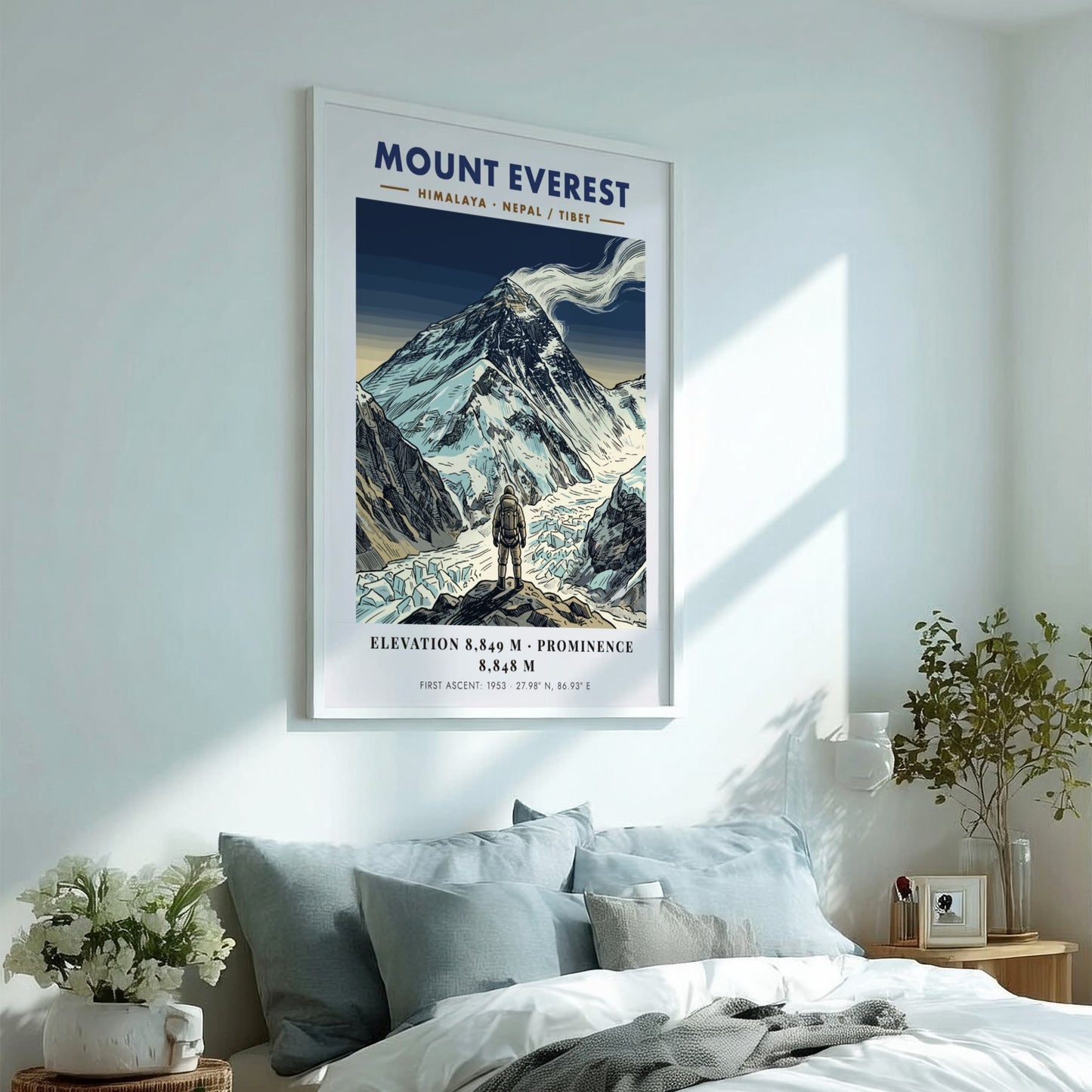 Poster of Mount Everest featuring a climber looking at the snowy Himalayan mountain peak.