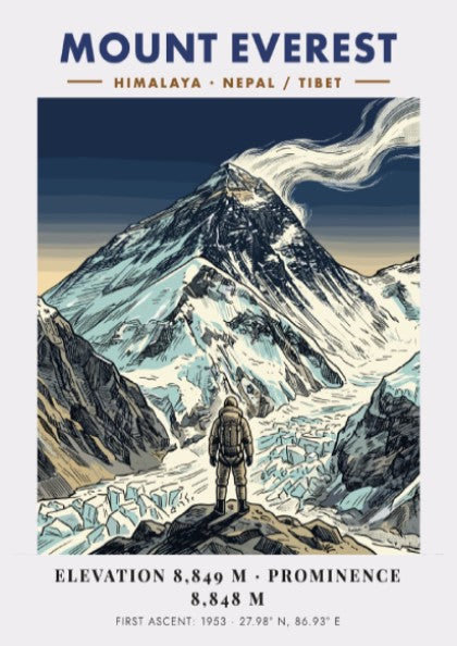 Poster of Mount Everest featuring a climber looking at the snowy Himalayan mountain peak.