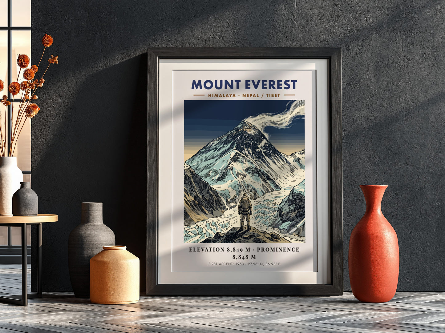 Poster of Mount Everest featuring a climber looking at the snowy Himalayan mountain peak.