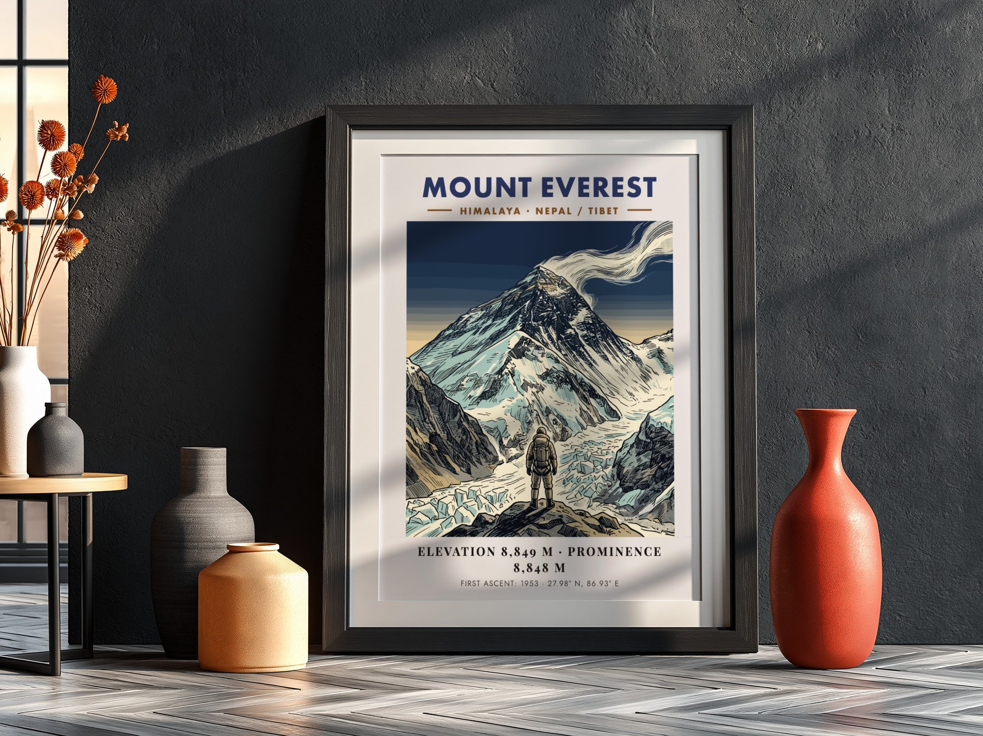 Poster of Mount Everest featuring a climber looking at the snowy Himalayan mountain peak.