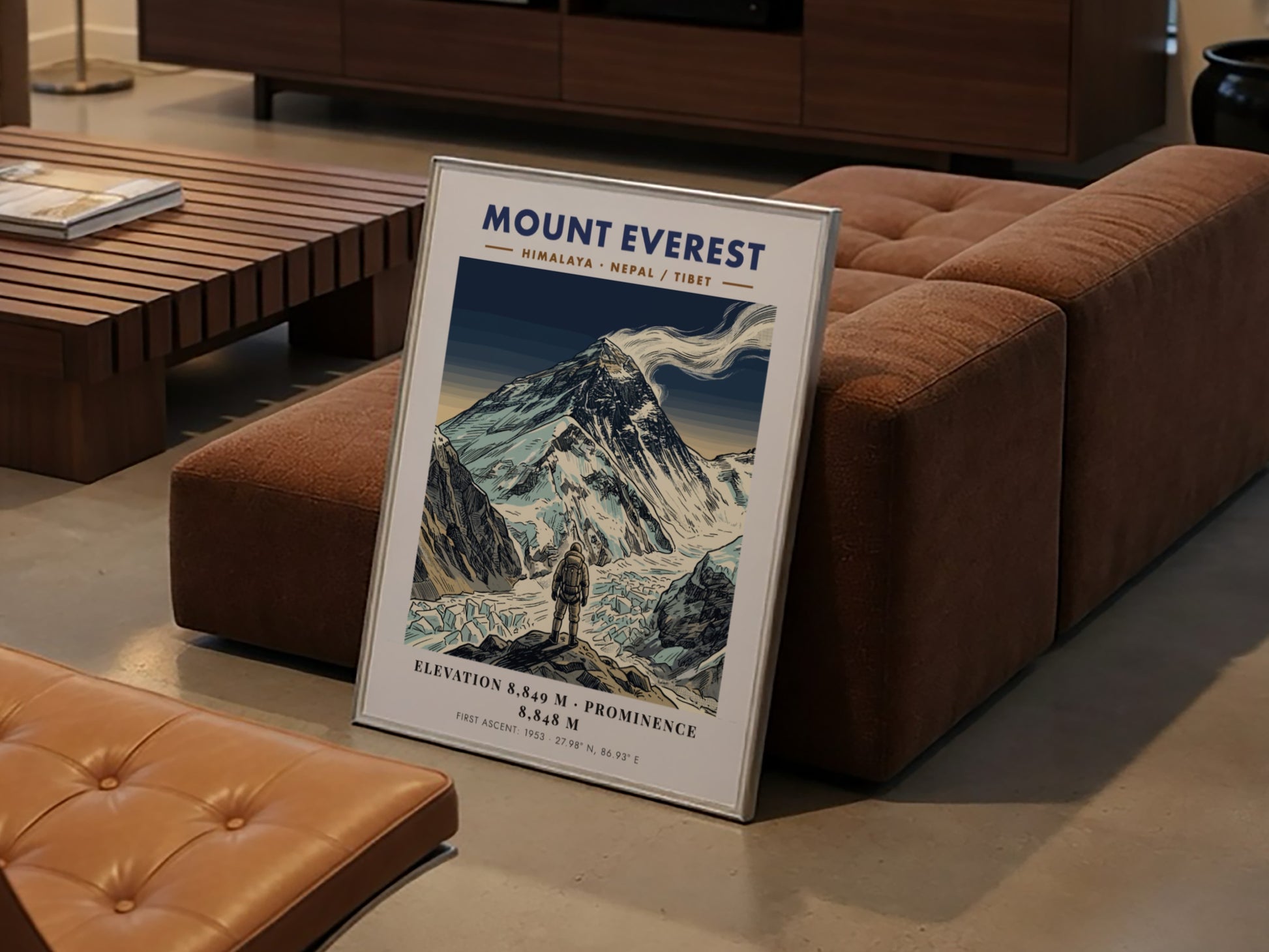 Poster of Mount Everest featuring a climber looking at the snowy Himalayan mountain peak.
