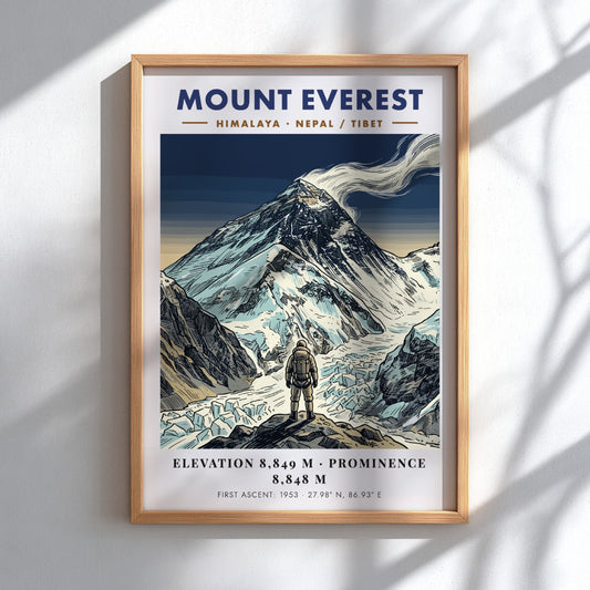 Poster of Mount Everest featuring a climber looking at the snowy Himalayan mountain peak.