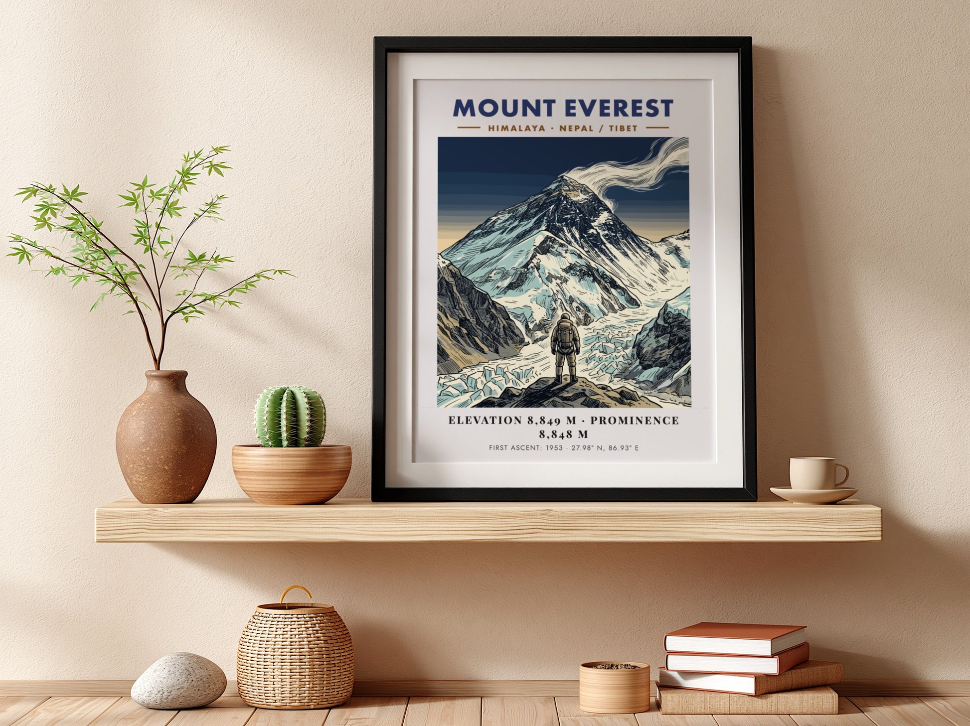 Poster of Mount Everest featuring a climber looking at the snowy Himalayan mountain peak.