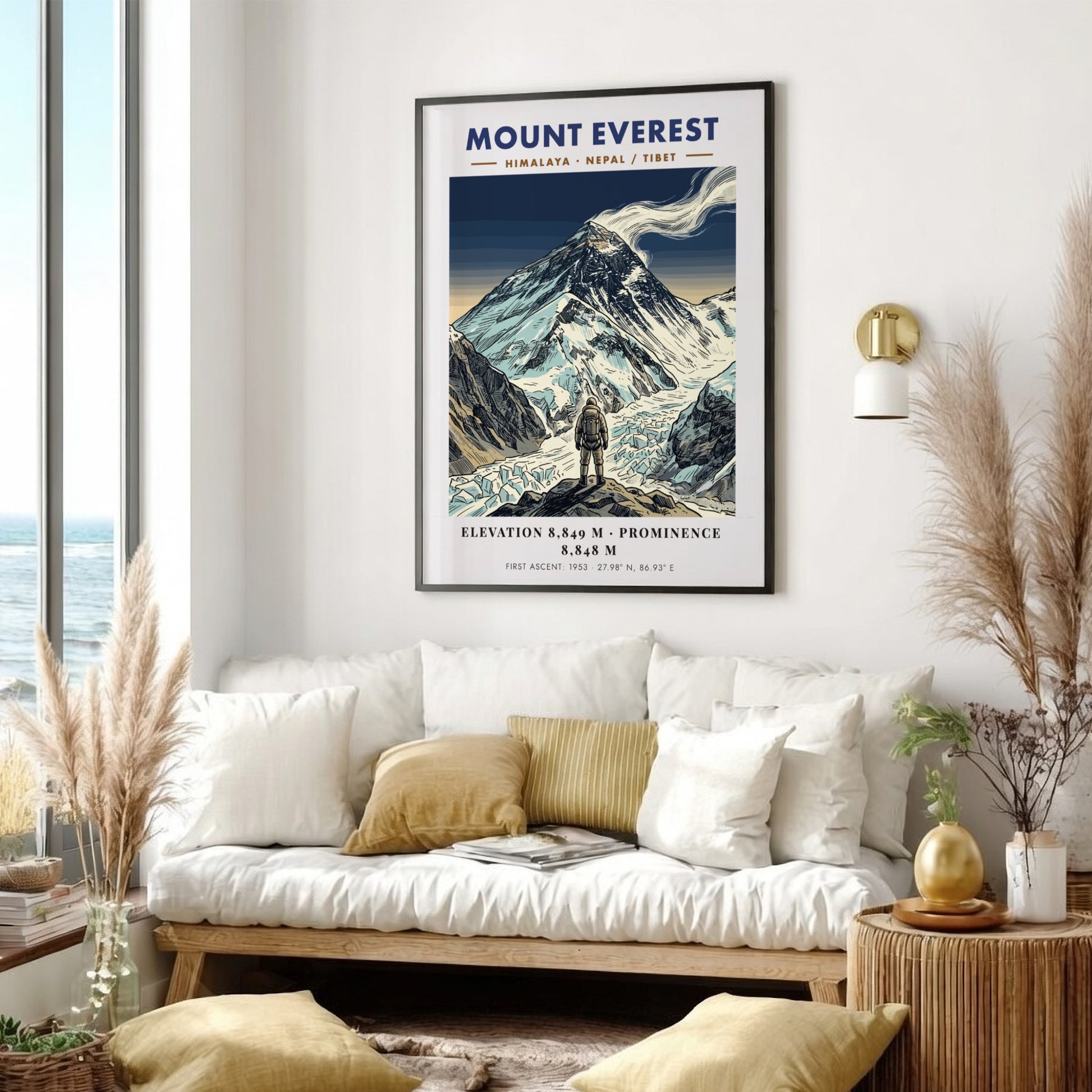 Poster of Mount Everest featuring a climber looking at the snowy Himalayan mountain peak.