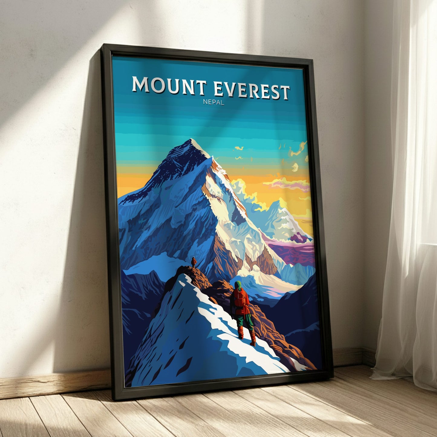 Framed poster of Mount Everest with a mountain climber on a snowy peak.