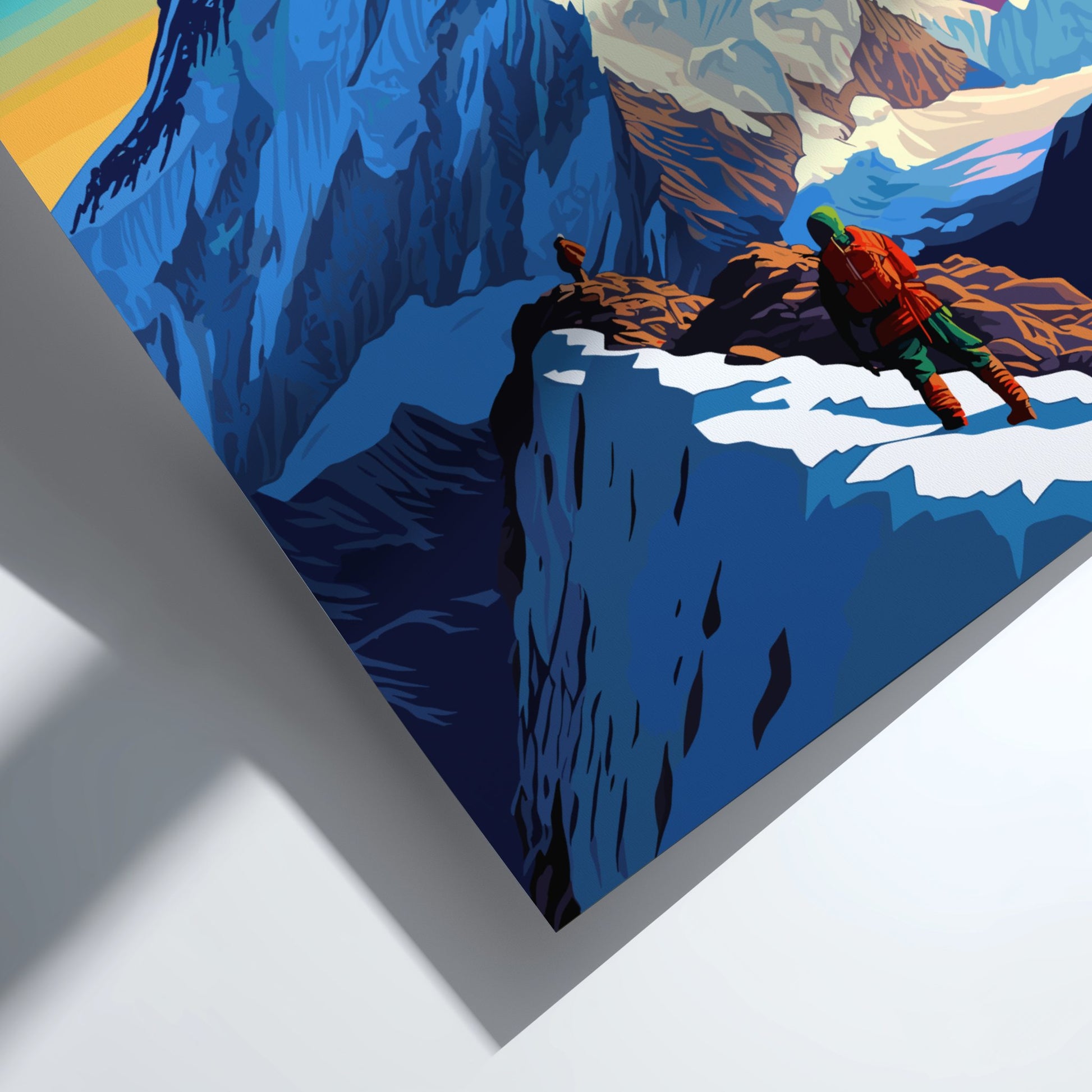 Illustration of a person on a mountain ledge with a scenic background