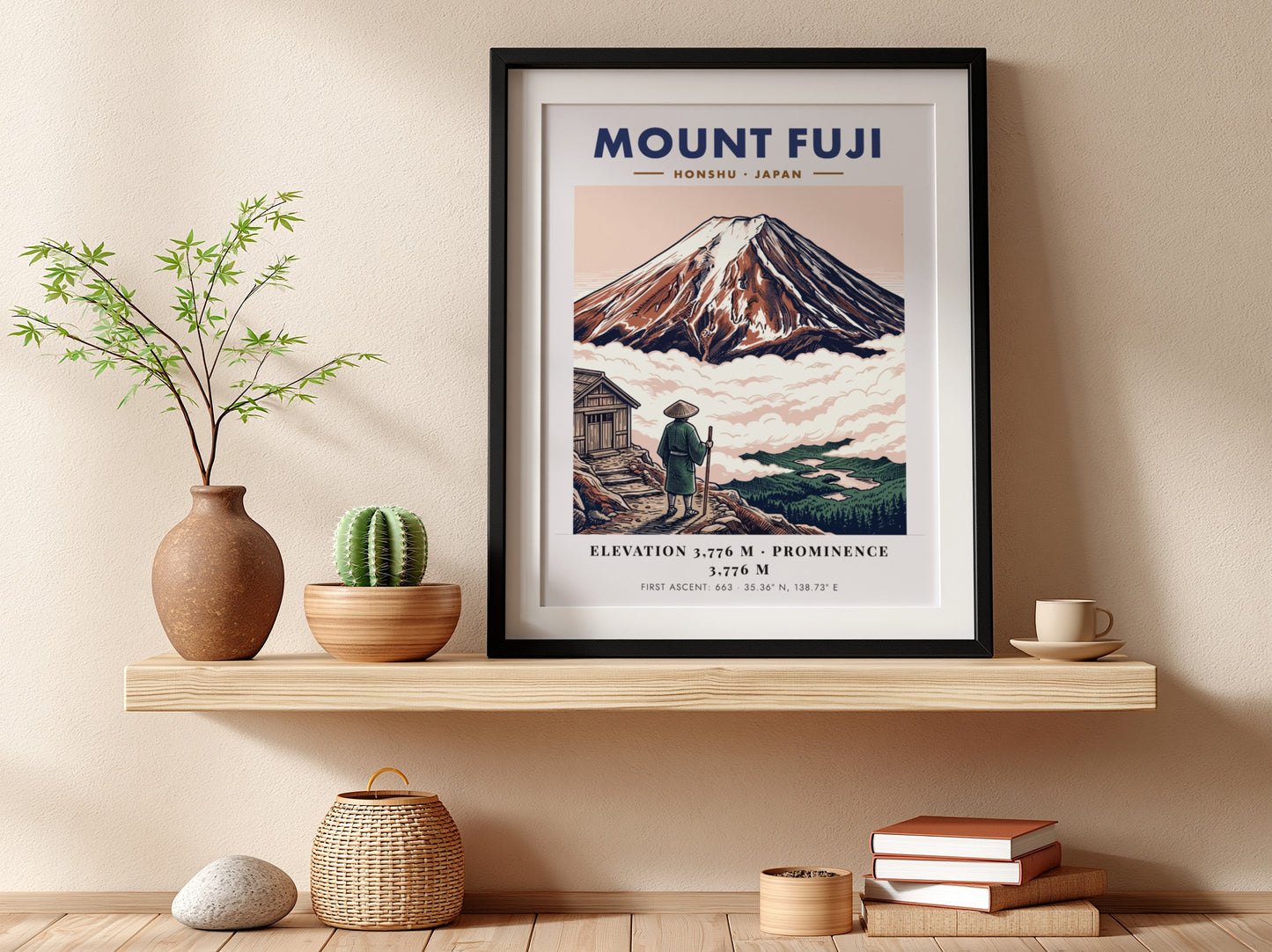 Poster of Mount Fuji in Japan with a traveler looking at the mountain peak.