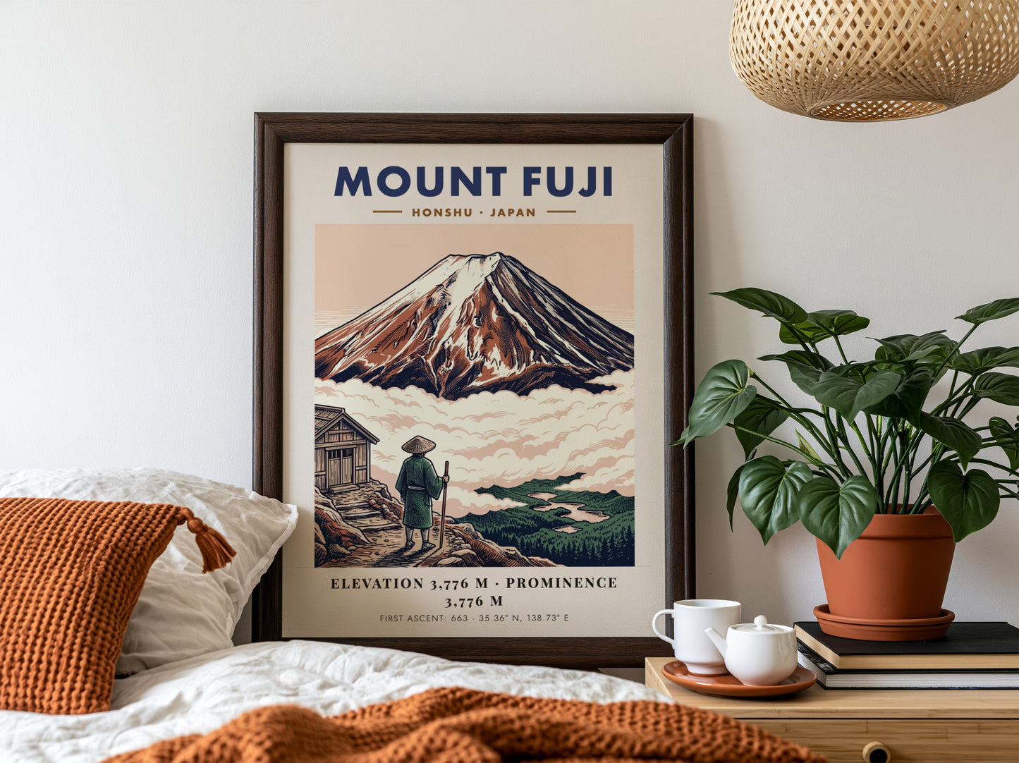 Poster of Mount Fuji in Japan with a traveler looking at the mountain peak.