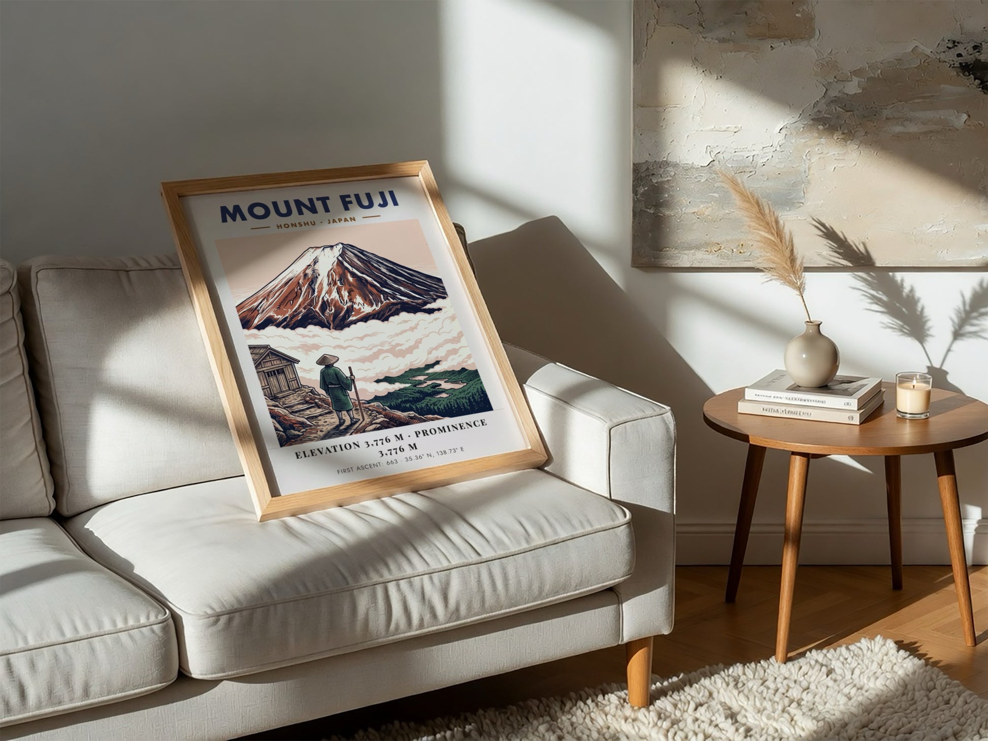 Poster of Mount Fuji in Japan with a traveler looking at the mountain peak.