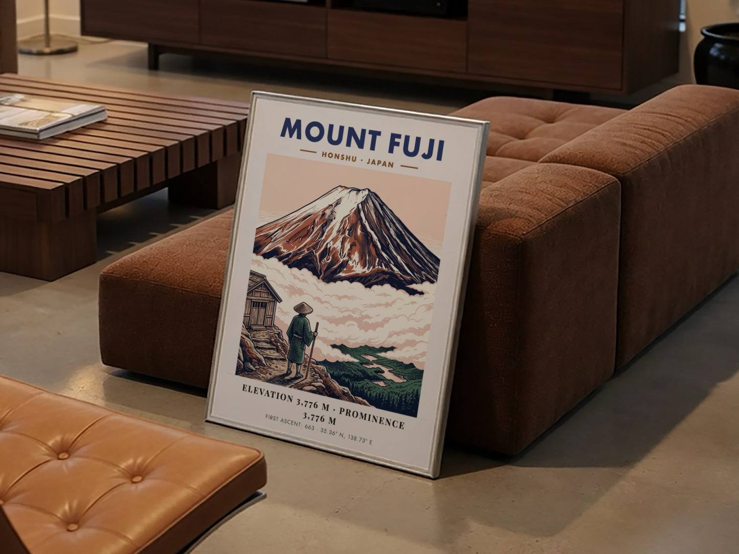 Poster of Mount Fuji in Japan with a traveler looking at the mountain peak.