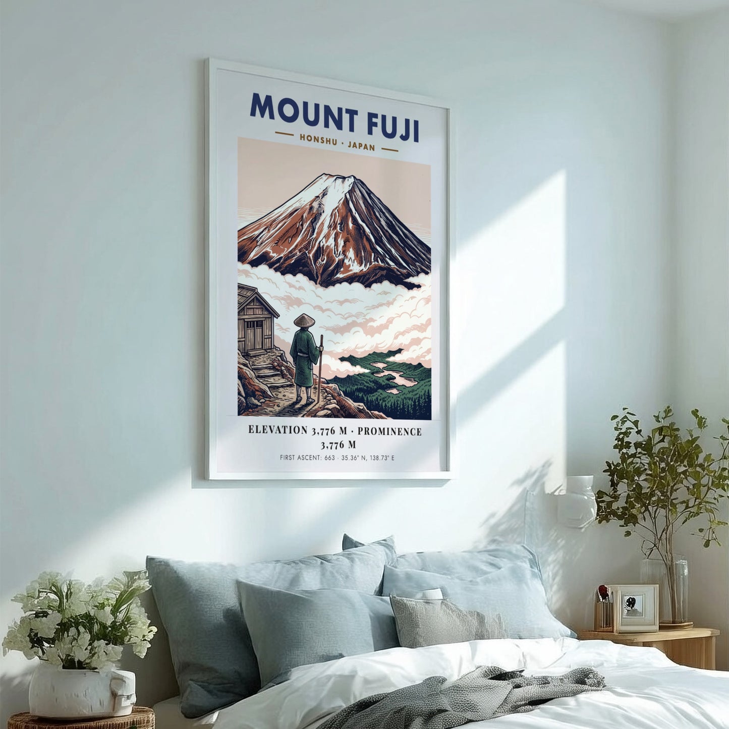 Poster of Mount Fuji in Japan with a traveler looking at the mountain peak.