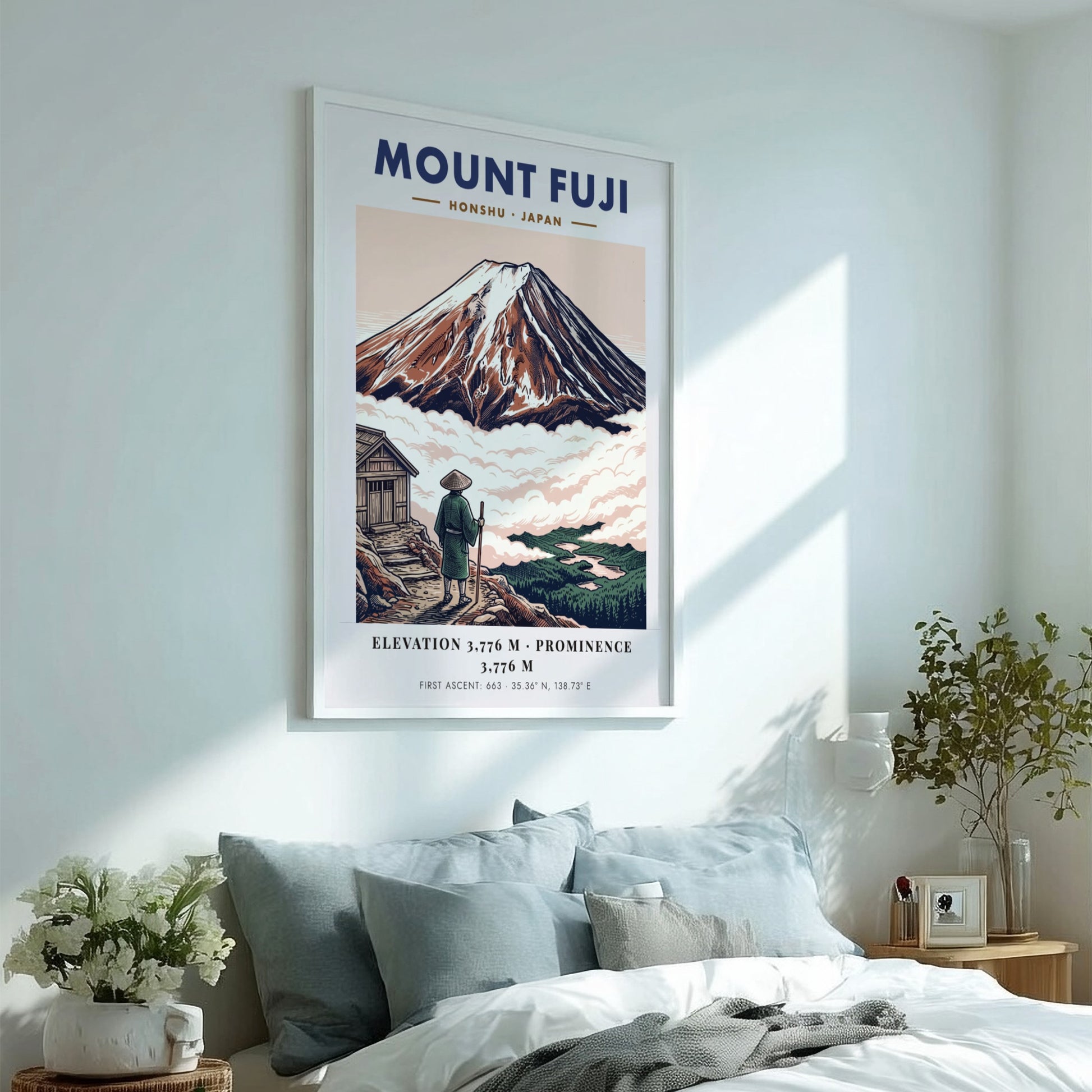Poster of Mount Fuji in Japan with a traveler looking at the mountain peak.