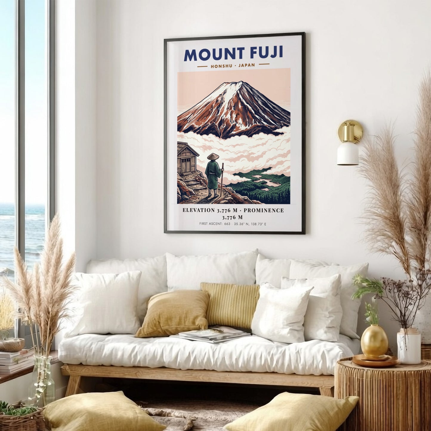 Poster of Mount Fuji in Japan with a traveler looking at the mountain peak.