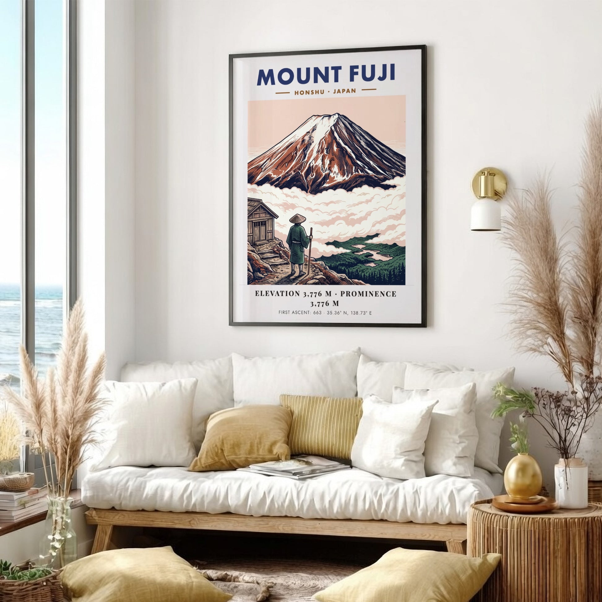 Poster of Mount Fuji in Japan with a traveler looking at the mountain peak.