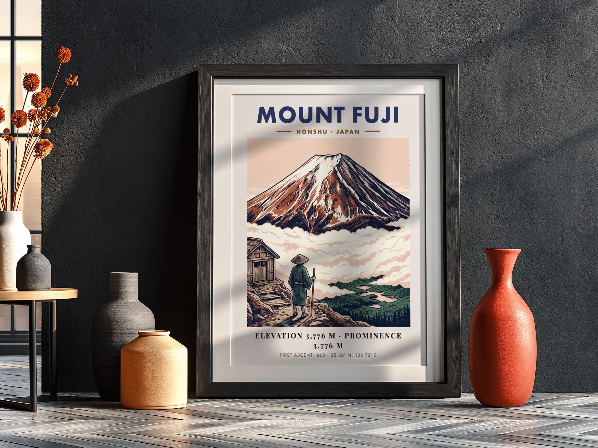 Poster of Mount Fuji in Japan with a traveler looking at the mountain peak.