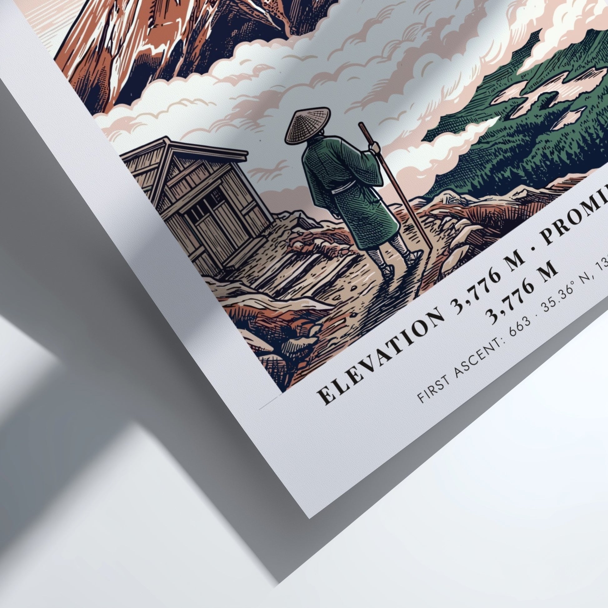 Poster of Mount Fuji in Japan with a traveler looking at the mountain peak.