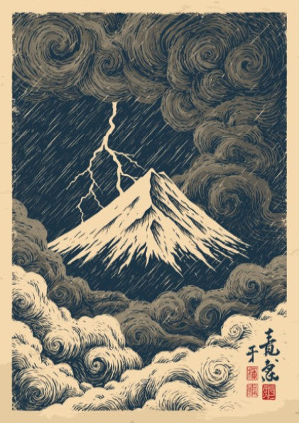 Japanese art style poster of Mount Fuji during a storm with lightning and dark clouds.